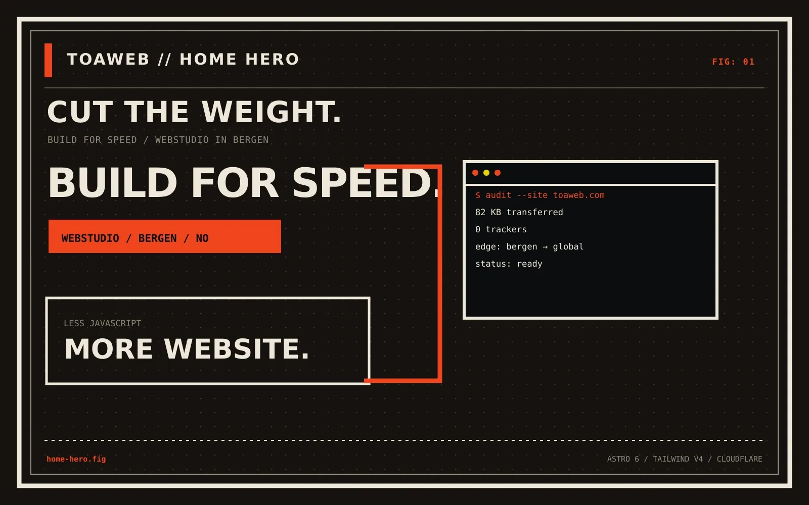Brutalist TOAWEB home hero graphic with technical webstudio panels and build-for-speed labels.